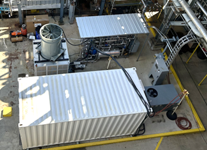 Equipment used at the National Carbon Capture Center included a DAC skid and heat skid (top) and a liquefaction unit (bottom)